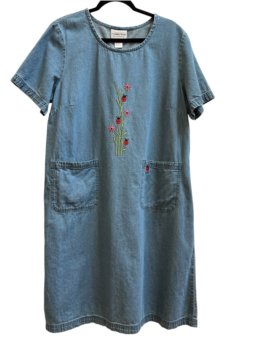 Country Store Denim Ladybug Dress L Embroidered Cottagecore Cotton Grannycore